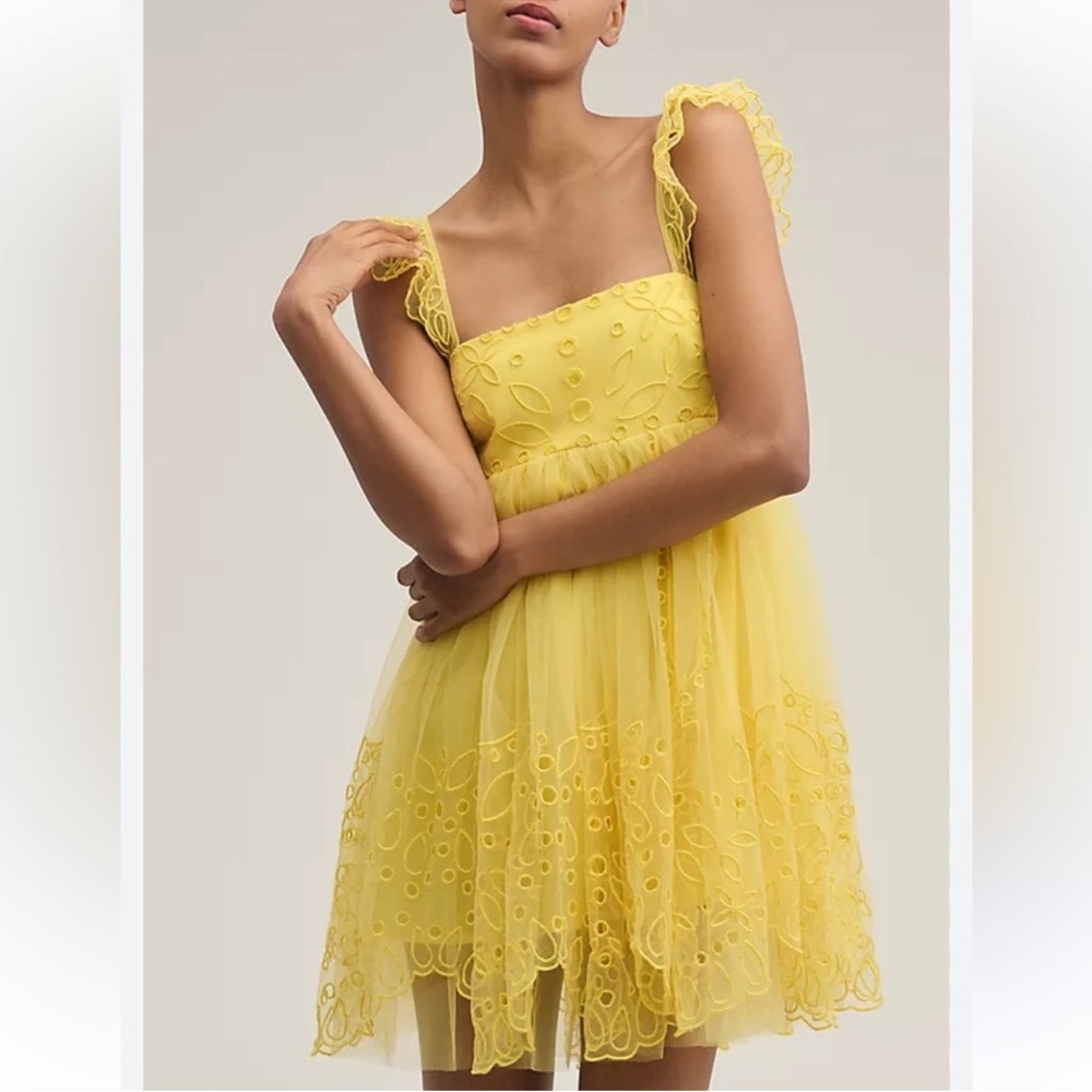 Anthropologie Yellow Embroidered Tulle Mini Dress